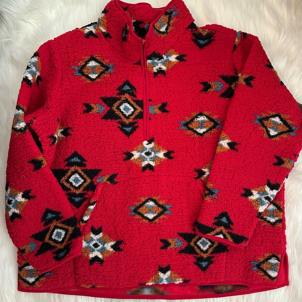 NWT Wrangler Red Fleece Pullover with Pattern
